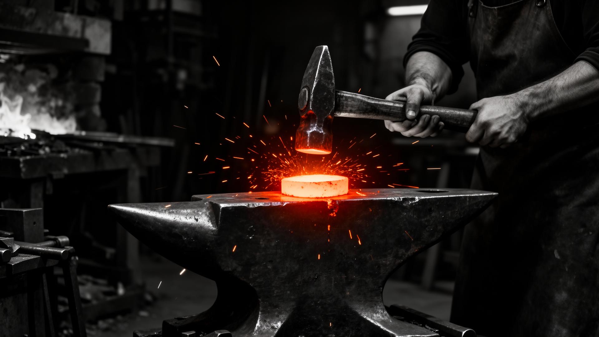 Blacksmith forging molten iron on an anvil